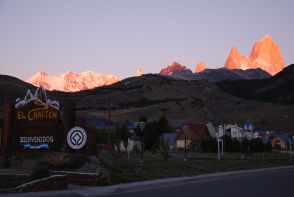 sunrise on Cerro Torre (the middle almost unseen pink needle) and Fitz Roy, from El Chaltén (17feb12)